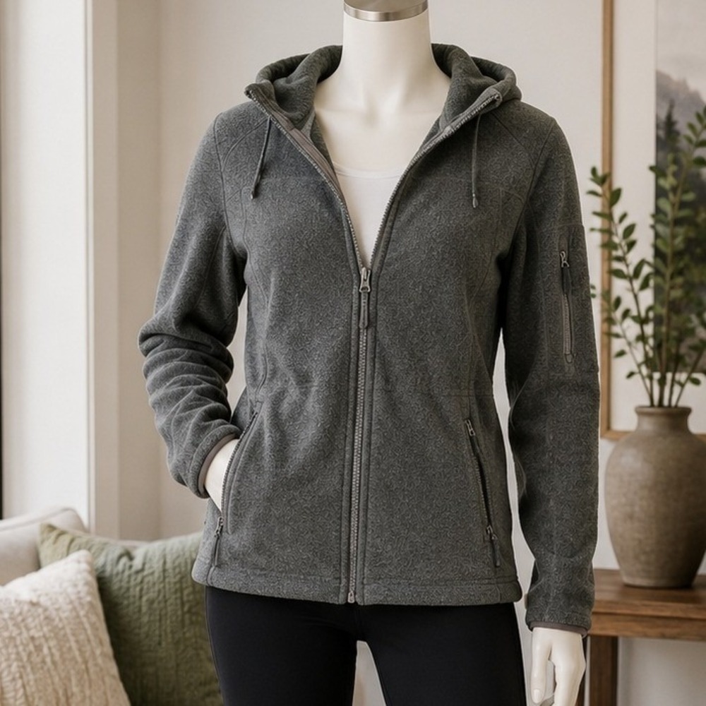 Lands' End Womens Fleece Jacket Gray Polartec Aircore 200 Full Zip Hooded 14-16